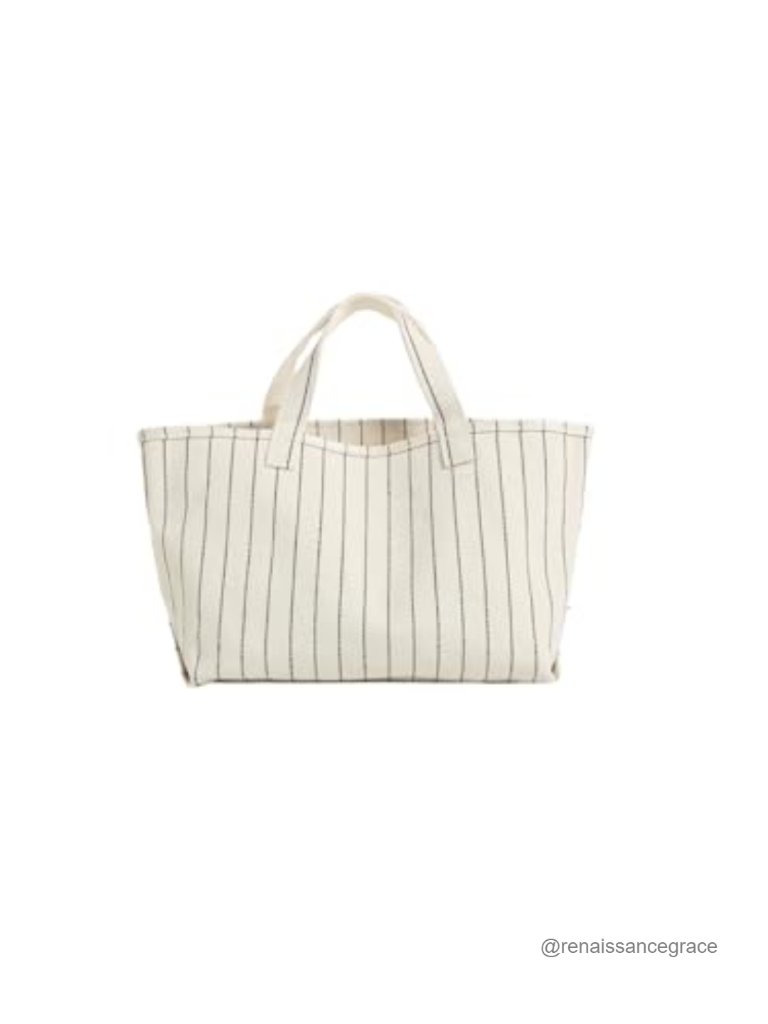 Women's Structured Canvas Tote Bag With Stripes Hand Carry Shoulder